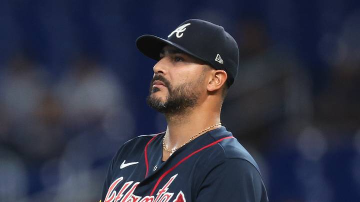 May 19, 2026; Miami, Florida, USA; Atlanta Braves pitcher Martin Perez (33) looks on against the Miami Marlins during the first inning at loanDepot Park. Mandatory Credit: Sam Navarro-Imagn Images