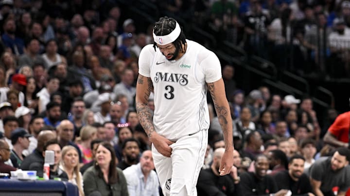 Feb 8, 2025; Dallas, Texas, USA; Dallas Mavericks forward Anthony Davis (3) leaves the game against the Houston Rockets during the third quarter at the American Airlines Center. Mandatory Credit: Jerome Miron-Imagn Images