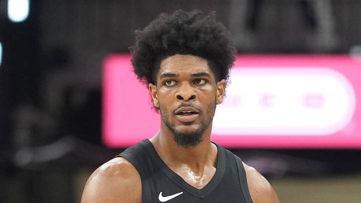 Apr 21, 2026; San Antonio, Texas, USA; Portland Trail Blazers guard Scoot Henderson (0) reacts after scoring a three point basket during the second half of game two of the first round of the 2026 NBA Playoffs against the San Antonio Spurs at Frost Bank Center. Mandatory Credit: Scott Wachter-Imagn Images