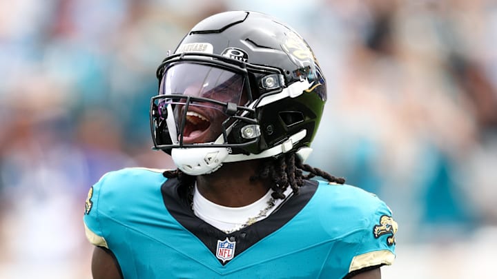 Oct 6, 2024; Jacksonville, Florida, USA; Jacksonville Jaguars wide receiver Brian Thomas Jr. (7) scores a touchdown against the Indianapolis Colts in the second quarter at EverBank Stadium. Mandatory Credit: Nathan Ray Seebeck-Imagn Images