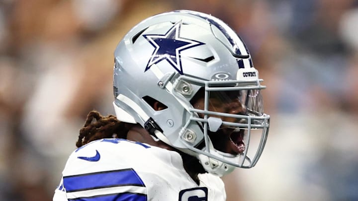 Sep 14, 2025; Arlington, Texas, USA; Dallas Cowboys defensive tackle Osa Odighizuwa (97) reacts after a play against the New York Giants during the second quarter at AT&T Stadium. Mandatory Credit: Kevin Jairaj-Imagn Images