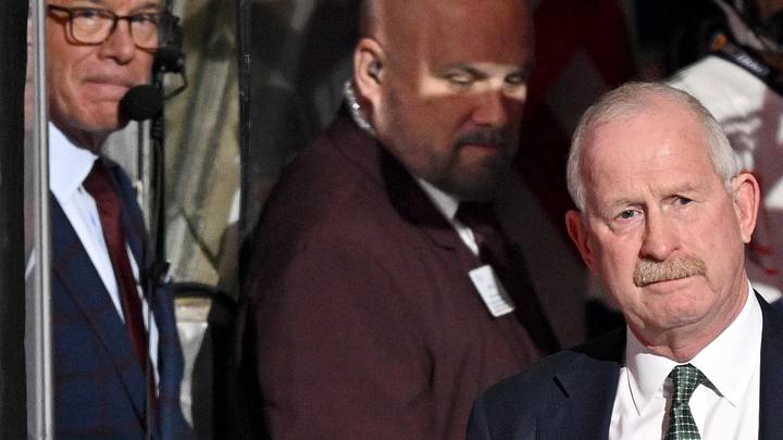 Feb 4, 2026; Dallas, Texas, USA; Dallas Stars general manager Jim Nill is celebrate as the Stars honor their 2026 Winter Olympics hockey players before the game against the St. Louis Blues at the American Airlines Center. Mandatory Credit: Jerome Miron-Imagn Images