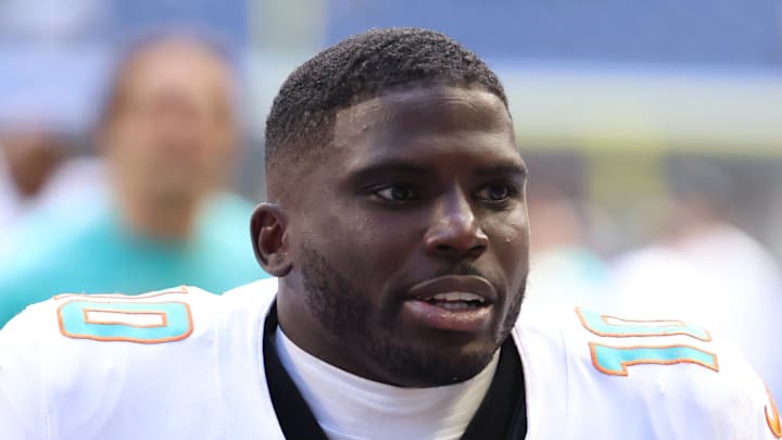 Sep 7, 2025; Indianapolis, Indiana, USA; Miami Dolphins wide receiver Tyreek Hill (10) leaves the field after losing to the Indianapolis Colts at Lucas Oil Stadium. Mandatory Credit: Trevor Ruszkowski-Imagn Images