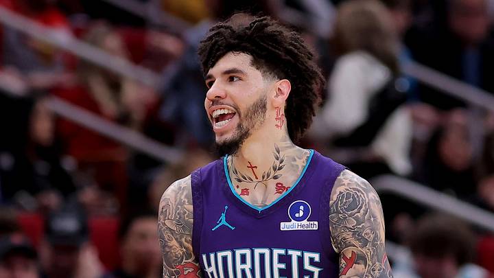 Feb 5, 2026; Houston, Texas, USA; Charlotte Hornets guard LaMelo Ball (1) reacts after a basket against the Houston Rockets during the third quarter at Toyota Center. Mandatory Credit: Erik Williams-Imagn Images
