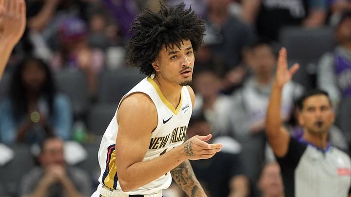 Apr 3, 2026; Sacramento, California, USA; New Orleans Pelicans guard Micah Peavy (14) gestures after making a three-point basket against the Sacramento Kings during the third quarter at Golden 1 Center. Mandatory Credit: Darren Yamashita-Imagn Images