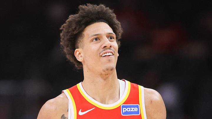 Atlanta Hawks forward Jalen Johnson (1) reacts against the Milwaukee Bucks at State Farm Arena on Mar 14, 2026. Atlanta Hawks forward Jalen Johnson (1) reacts against the Milwaukee Bucks at State Farm Arena on Mar 14, 2026.