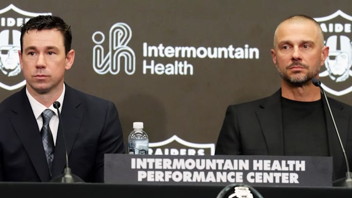 Feb 10, 2026; Henderson, NV, USA;  Las Vegas Raiders coach Klint Kubiak (left) and general manager John Spytek at introductory press conference at Intermountain Health Performance Center. Mandatory Credit: Kirby Lee-Imagn Images