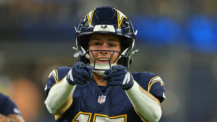 Oct 23, 2025; Inglewood, California, USA; Los Angeles Chargers wide receiver Ladd McConkey (15) reacts against the Minnesota Vikings during the second half at SoFi Stadium. Mandatory Credit: Jayne Kamin-Oncea-Imagn Images