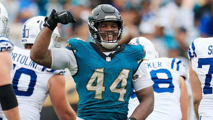 Jacksonville Jaguars defensive end Travon Walker (44) reacts to his sack on Indianapolis Colts quarterback Joe Flacco (15) during the fourth quarter of an NFL football matchup Sunday, Oct. 6, 2024 at EverBank Stadium in Jacksonville, Fla. The Jaguars edged the Colts on a field goal 37-34. [Corey Perrine/Florida Times-Union]