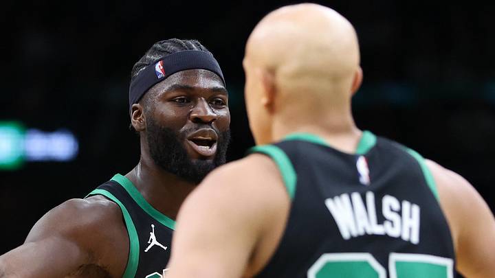 Nov 16, 2025; Boston, Massachusetts, USA; Boston Celtics center Neemias Queta (88) and forward Jordan Walsh (27) celebrate during the first half against the Los Angeles Clippers at TD Garden. Mandatory Credit: Paul Rutherford-Imagn Images