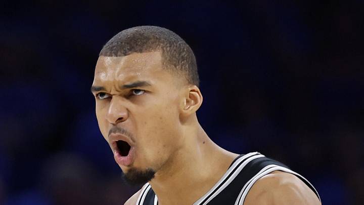 San Antonio Spurs forward Victor Wembanyama (1) reacts in the fourth quarter against the Oklahoma City Thunder during game seven of the western conference finals for the 2026 NBA playoffs at Paycom Center on May 30, 2026.