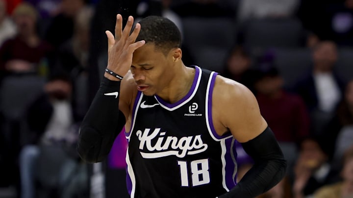 Feb 7, 2026; Sacramento, California, USA; Sacramento Kings guard Russel Westbrook (18) reacts after making a three-point basket against the Cleveland Cavaliers during the third quarter at Golden 1 Center. Mandatory Credit: Dennis Lee-Imagn Images Feb 7, 2026; Sacramento, California, USA; Sacramento Kings guard Russel Westbrook (18) reacts after making a three-point basket against the Cleveland Cavaliers during the third quarter at Golden 1 Center. Mandatory Credit: Dennis Lee-Imagn Images