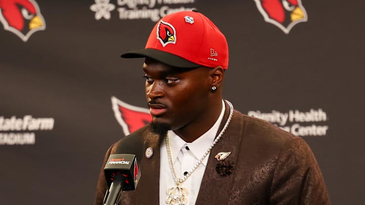 Apr 24, 2026; Phoenix, AZ, USA; Arizona Cardinals first-round draft pick Jeremiyah Love talks to media during a press conference at Dignity Health Arizona Cardinals Training Center. Mandatory Credit: Anna Carrington-Imagn Images