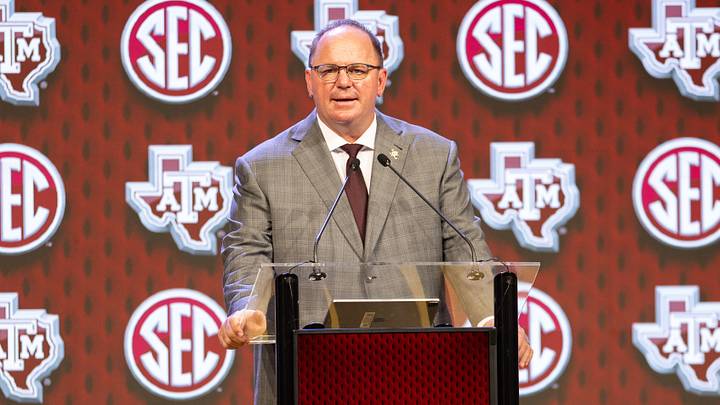 Jul 18, 2024; Dallas, TX, USA; Texas A&M head coach Mike Elko speaking at Omni Dallas Hotel. Jul 18, 2024; Dallas, TX, USA; Texas A&M head coach Mike Elko speaking at Omni Dallas Hotel.