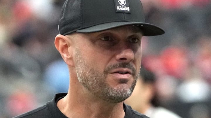 Jan 4, 2026; Paradise, Nevada, USA; Las Vegas Raiders general manager John Spytek reacts during the game against the Kansas City Chiefs at Allegiant Stadium. Mandatory Credit: Kirby Lee-Imagn Images