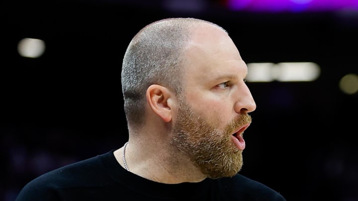 Memphis Grizzlies head coach Taylor Jenkins  reacts after a call against the Sacramento Kings during the fourth quarter at Golden 1 Center on Mar 17, 2025.