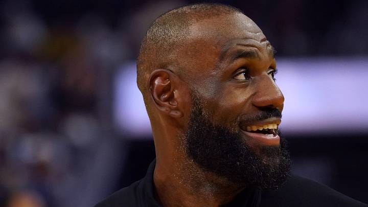 Feb 28, 2026; San Francisco, California, USA;  Los Angeles Lakers forward LeBron James (23) smiles during warm ups before a game against the Golden State Warriors at Chase Center. Mandatory Credit: David Gonzales-Imagn Images