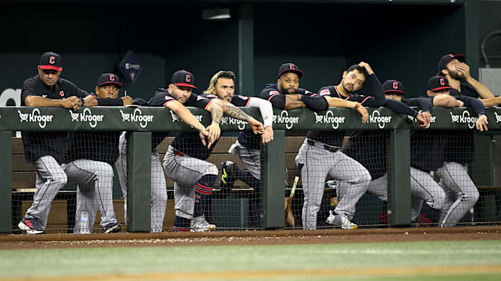 Aug 23, 2025; Arlington, Texas, USA; The Cleveland Guardians players look down from the team dugout during the game against the Texas Rangers at Globe Life Field. Mandatory Credit: Jerome Miron-Imagn Images
