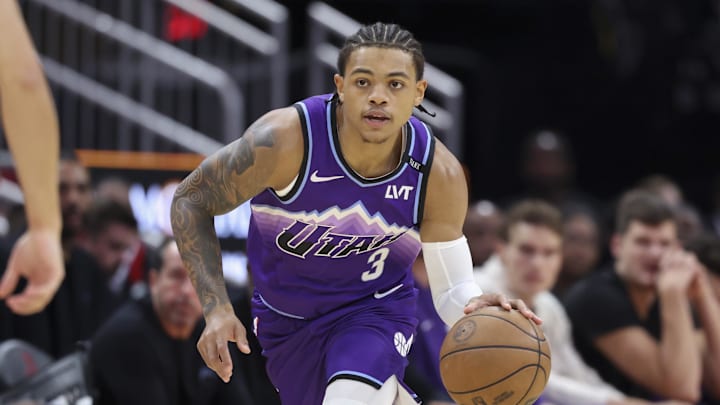 Oct 8, 2025; Houston, Texas, USA; Utah Jazz guard Keyonte George (3) dribbles the ball during the first quarter against the Houston Rockets at Toyota Center. Mandatory Credit: Troy Taormina-Imagn Images