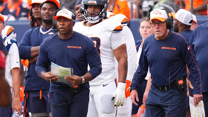 Aug 25, 2024; Denver, Colorado, USA; Denver Broncos defensive coordinator Vance Joseph on the sidelines in the second half against the Arizona Cardinals at Empower Field at Mile High. 