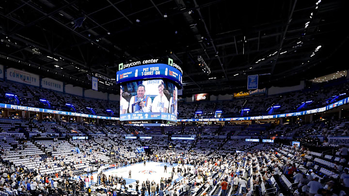 Jun 5, 2025; Oklahoma City, Oklahoma, USA; A view of the arena before the game between the Oklahoma City Thunder and the Indiana Pacers in game one of the 2025 NBA Finals at Paycom Center. Mandatory Credit: Alonzo Adams-Imagn Images