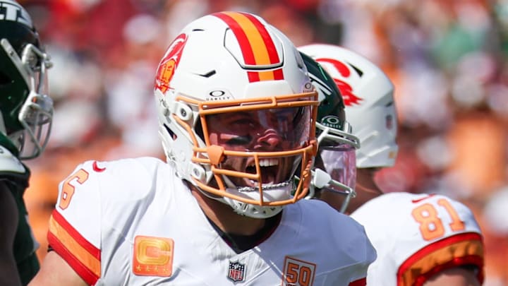 Sep 21, 2025; Tampa, Florida, USA; Tampa Bay Buccaneers quarterback Baker Mayfield (6) reacts after a ply against the New York Jets in the fourth quarter at Raymond James Stadium. Mandatory Credit: Nathan Ray Seebeck-Imagn Images