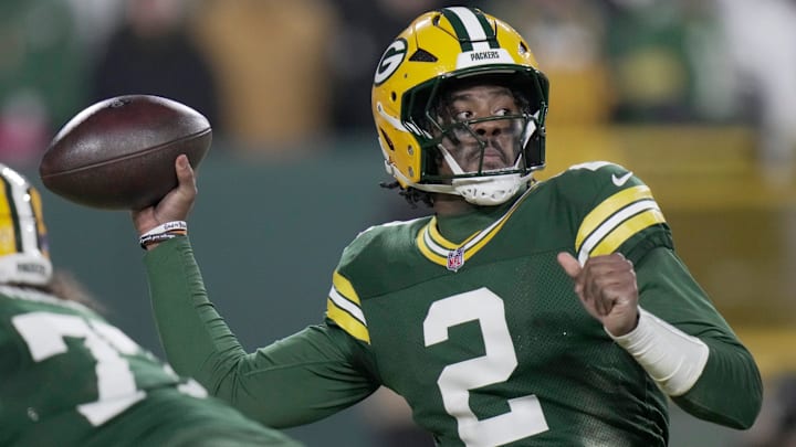 Green Bay Packers quarterback Malik Willis (2) throws during the third quarter of their game against the Baltimore Ravens Saturday, December 27, 2025, at Lambeau Field in Green Bay, Wisconsin.