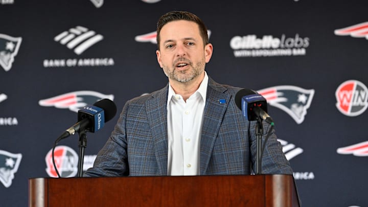 Mar 13, 2025; Foxborough, MA, USA; New England Patriots executive vice president of player personnel Eliot Wolf  discusses the teamís recent free agent additions with the media at Gillette Stadium. Mandatory Credit: Eric Canha-Imagn Images