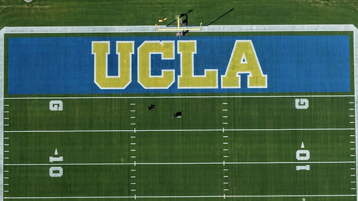 May 2, 2026; Pasadena, CA, USA; A general overall view of the UCLA Bruins logo in the end zone at the Rose Bowl. Mandatory Credit: Kirby Lee-Imagn Images