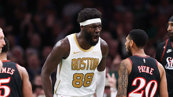 Mar 1, 2026; Boston, Massachusetts, USA; Boston Celtics center Neemias Queta (88) reacts during the first half against the Philadelphia 76ers at TD Garden. Mar 1, 2026; Boston, Massachusetts, USA; Boston Celtics center Neemias Queta (88) reacts during the first half against the Philadelphia 76ers at TD Garden.
