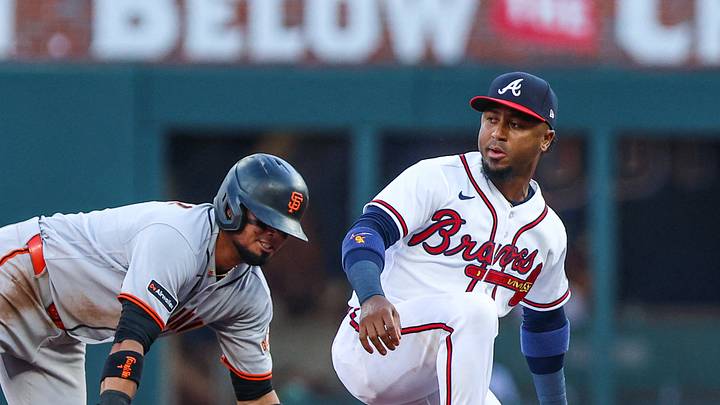 Jun 17, 2026; Cumberland, Georgia, USA; Atlanta Braves second baseman Ozzie Albies (1) catches the ball for an out against San Francisco Giants second baseman Luis Arraez (1) during the first inning at Truist Park. Mandatory Credit: Jordan Godfree-Imagn Images