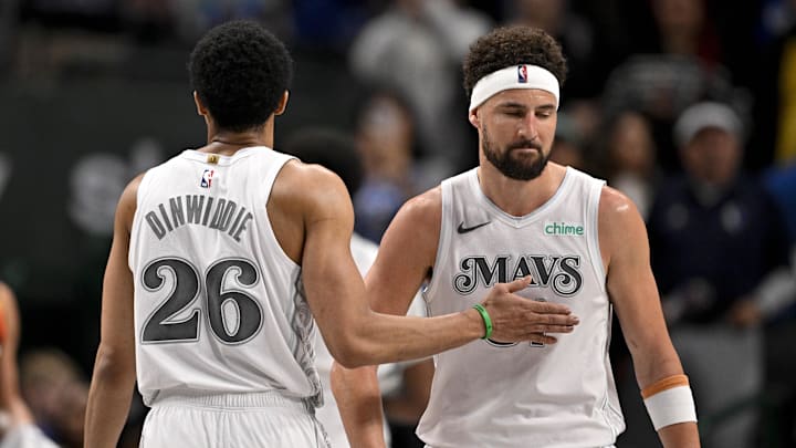 Mar 9, 2025; Dallas, Texas, USA; Dallas Mavericks guard Spencer Dinwiddie (26) and guard Klay Thompson (31) walk off the court after the loss to the Phoenix Suns at the American Airlines Center. Mandatory Credit: Jerome Miron-Imagn Images Mar 9, 2025; Dallas, Texas, USA; Dallas Mavericks guard Spencer Dinwiddie (26) and guard Klay Thompson (31) walk off the court after the loss to the Phoenix Suns at the American Airlines Center. Mandatory Credit: Jerome Miron-Imagn Images