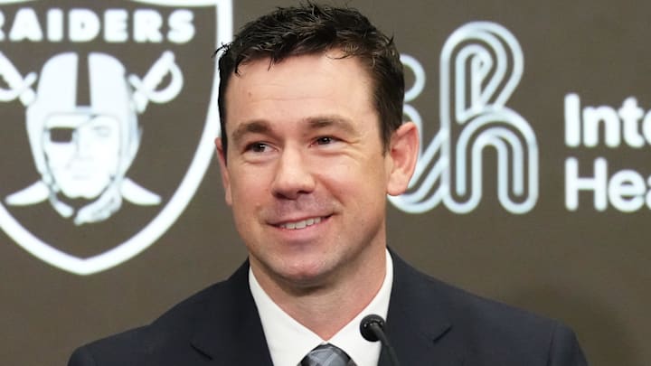 Feb 10, 2026; Henderson, NV, USA; Las Vegas Raiders coach Klint Kubiak speaks at introductory press conference at Intermountain Health Performance Center. Mandatory Credit: Kirby Lee-Imagn Images