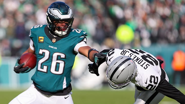 Philadelphia Eagles running back Saquon Barkley (26)  experienced statistical declines in 2025 that were easily predictable based on NFL history.