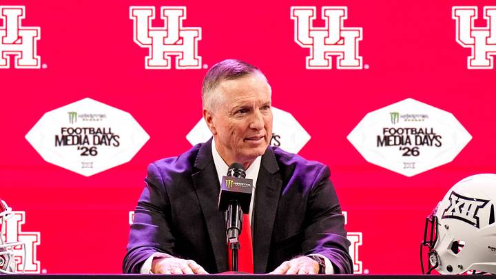 Jul 7, 2026; Frisco, TX, USA; Houston head coach Willie Fritz speaks to reporters during Big 12 Conference Football Media Days at The Star. Mandatory Credit: Raymond Carlin III-Imagn Images Jul 7, 2026; Frisco, TX, USA; Houston head coach Willie Fritz speaks to reporters during Big 12 Conference Football Media Days at The Star. Mandatory Credit: Raymond Carlin III-Imagn Images
