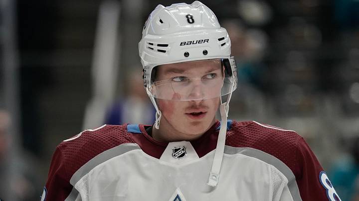May 4, 2019; San Jose, CA, USA; Colorado Avalanche defenseman Cale Makar (8) warms up before the game against the San Jose Sharks in game five of the second round of the 2019 Stanley Cup Playoffs at SAP Center at San Jose. Mandatory Credit: Stan Szeto-USA TODAY Sports May 4, 2019; San Jose, CA, USA; Colorado Avalanche defenseman Cale Makar (8) warms up before the game against the San Jose Sharks in game five of the second round of the 2019 Stanley Cup Playoffs at SAP Center at San Jose. Mandatory Credit: Stan Szeto-USA TODAY Sports