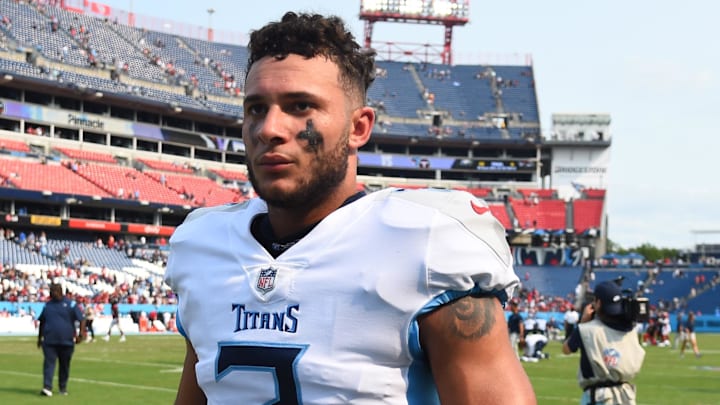 Sep 12, 2021; Nashville, Tennessee, USA; Tennessee Titans cornerback Caleb Farley (3) leaves the field after a loss against the Arizona Cardinals at Nissan Stadium. Mandatory Credit: Christopher Hanewinckel-Imagn Images