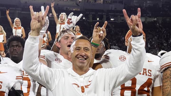Texas Longhorns head coach Steve Sarkisian reacts after beating the Mississippi State Bulldogs in overtime at Davis Wade Stadium at Scott Field. Texas Longhorns head coach Steve Sarkisian reacts after beating the Mississippi State Bulldogs in overtime at Davis Wade Stadium at Scott Field.