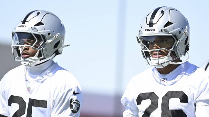 May 20, 2026; Henderson, NV, USA; Las Vegas Raiders cornerback Decamerion Richardson (25) and cornerback Darien Porter (26) warm up during organized team activities at Intermountain Health Performance Center. Mandatory Credit: Candice Ward-Imagn Images May 20, 2026; Henderson, NV, USA; Las Vegas Raiders cornerback Decamerion Richardson (25) and cornerback Darien Porter (26) warm up during organized team activities at Intermountain Health Performance Center. Mandatory Credit: Candice Ward-Imagn Images