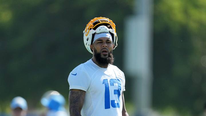 Jul 26, 2023; Costa Mesa, CA, USA; Los Angeles Chargers receiver Keenan Allen (13) reacts during training camp at Jack Hammett Sports Complex. Mandatory Credit: Kirby Lee-Imagn Images