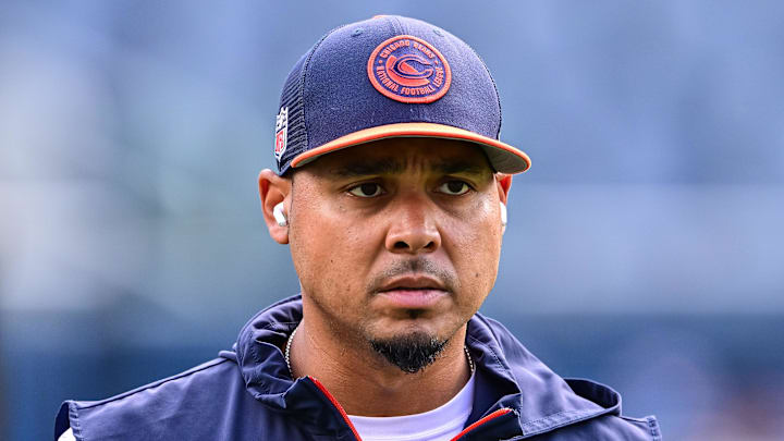 Aug 17, 2024; Chicago, Illinois, USA; Chicago Bears general manager Ryan Poles looks on before the game against the Cincinnati Bengals at Soldier Field. Mandatory Credit: Daniel Bartel-Imagn Images