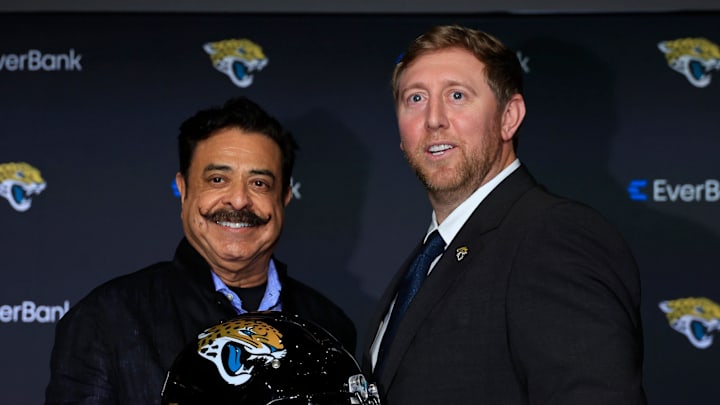 Jaguars owner Shad Khan, left, poses for a photo with new Jacksonville Jaguars head coach Liam Coen during a press conference Monday, Jan. 27, 2025 at the Miller Electric Center in Jacksonville, Fla. [Corey Perrine/Florida Times-Union]