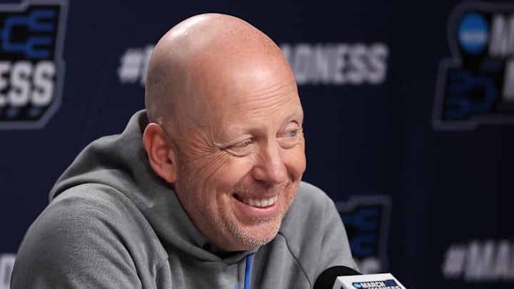 Mar 19, 2026; Philadelphia, PA, USA; UCLA Bruins head coach Mick Cronin speaks with the media before a practice session ahead of the first round of the men's 2026 NCAA Tournament at Xfinity Mobile Arena. Mandatory Credit: Bill Streicher-Imagn Images