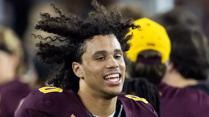 Nov 28, 2025; Tempe, Arizona, USA; Arizona State Sun Devils wide receiver Jordyn Tyson (0) against the Arizona Wildcats during the 99th Territorial Cup at Mountain America Stadium. Mandatory Credit: Mark J. Rebilas-Imagn Images