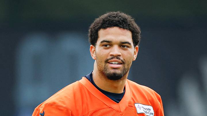 Aug 5, 2026; Lake Forest, IL, USA; Chicago Bears quarterback Caleb Williams (18) stands on the field during training camp at Halas Hall. Mandatory Credit: Kamil Krzaczynski-Imagn Images