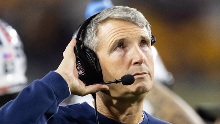 Nov 28, 2025; Tempe, Arizona, USA; Arizona Wildcats head coach Brent Brennan against the Arizona State Sun Devils during the 99th Territorial Cup at Mountain America Stadium. Mandatory Credit: Mark J. Rebilas-Imagn Images