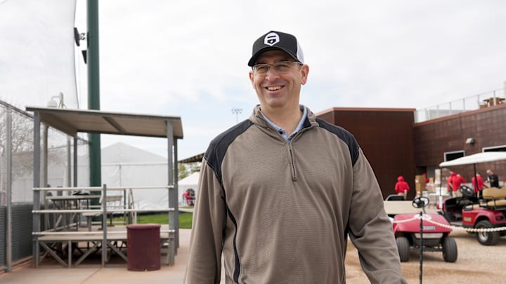 Cincinnati Reds president of baseball operations Nick Krall walks between fields at the Cincinnati Reds Player Development Complex in Goodyear, Ariz., on  Wednesday, Feb. 12, 2025. Mandatory Credit: Sam Greene/USA TODAY NETWORK via Imagn Images