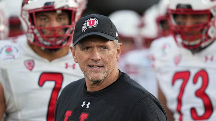 Jan 1, 2022; Pasadena, CA, USA; Utah Utes head coach Kyle Wittingham looks on in the third quarter against the Ohio State Buckeyes during the 2022 Rose Bowl college football game at the Rose Bowl. Mandatory Credit: Kirby Lee-Imagn Images Jan 1, 2022; Pasadena, CA, USA; Utah Utes head coach Kyle Wittingham looks on in the third quarter against the Ohio State Buckeyes during the 2022 Rose Bowl college football game at the Rose Bowl. Mandatory Credit: Kirby Lee-Imagn Images