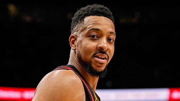 Atlanta Hawks guard CJ McCollum (3) reacts against the New York Knicks at State Farm Arena on April 6, 2026. Atlanta Hawks guard CJ McCollum (3) reacts against the New York Knicks at State Farm Arena on April 6, 2026.