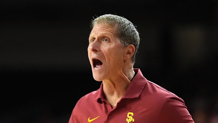 Jan 31, 2026; Los Angeles, California, USA; Southern California Trojans head coach Eric Musselman reacts against the Rutgers Scarlet Knights in the second half at Galen Center. Mandatory Credit: Kirby Lee-Imagn Images Jan 31, 2026; Los Angeles, California, USA; Southern California Trojans head coach Eric Musselman reacts against the Rutgers Scarlet Knights in the second half at Galen Center. Mandatory Credit: Kirby Lee-Imagn Images